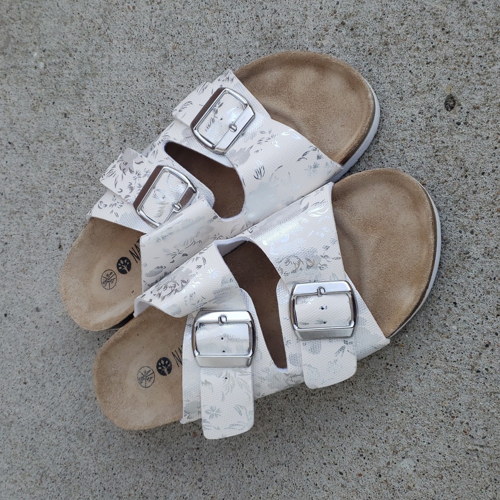 Natural Walk by Esmara Floral Metallic Buckle Slip On Sandals Size 7 Comfort
